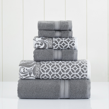 Modern Threads 6 Piece reversible yarn dyed jacquard towel set Trefoil Filigree Platinum 5JQYDTLG-TFP-ST
